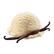 Vanilla ice cream scoop with whole vanilla bean pods.